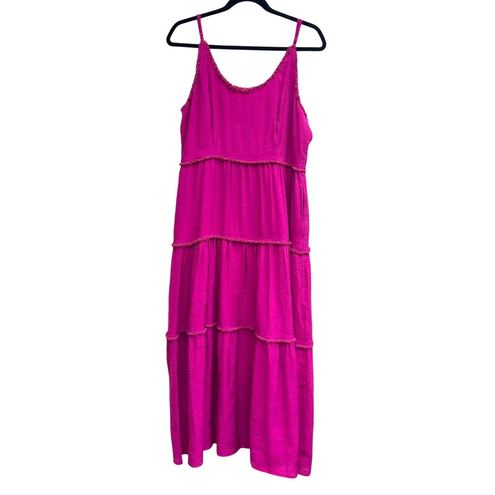 Fab'rik Mira Tiered Maxi Dress L Magenta Pink NWT Frayed Trim Strappy Vacay Boho